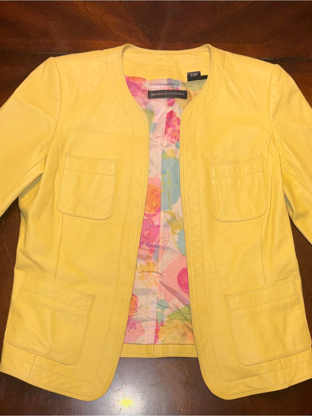 Dana Buchman Bright Yellow Collarless Leather Blazer